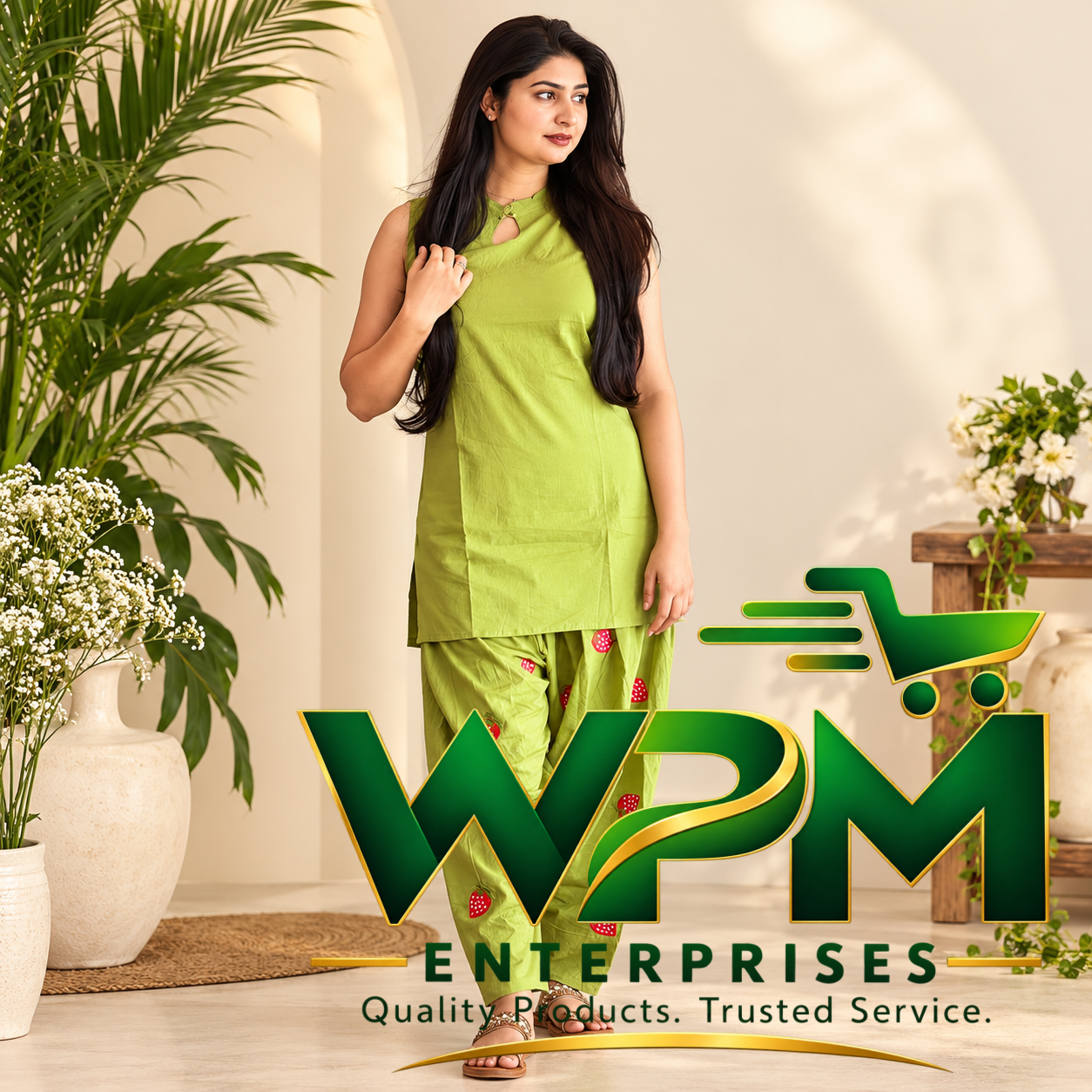 Women's Pista Green Strawberry Embroidered Sleeveless Kurta with Matching Pants Set